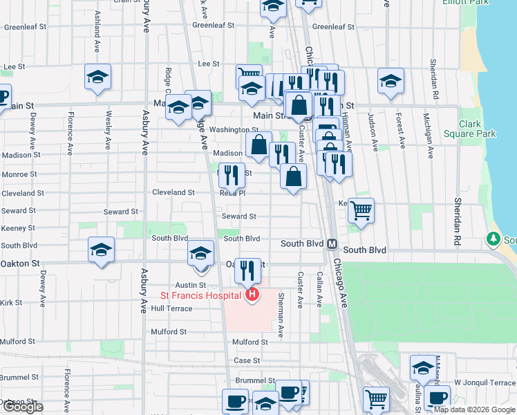 map of restaurants, bars, coffee shops, grocery stores, and more near 552 Sherman Avenue in Evanston