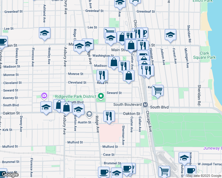map of restaurants, bars, coffee shops, grocery stores, and more near 832 Seward Street in Evanston