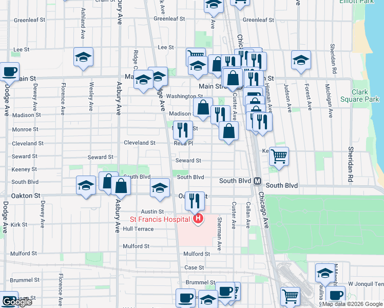 map of restaurants, bars, coffee shops, grocery stores, and more near 832 Seward Street in Evanston