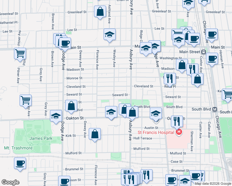 map of restaurants, bars, coffee shops, grocery stores, and more near 600 Asbury Avenue in Evanston