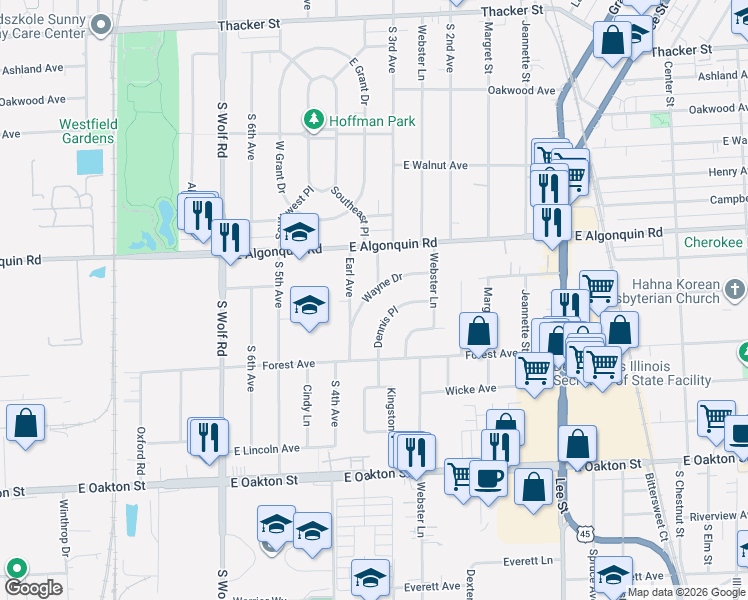 map of restaurants, bars, coffee shops, grocery stores, and more near 1357 Wayne Drive in Des Plaines