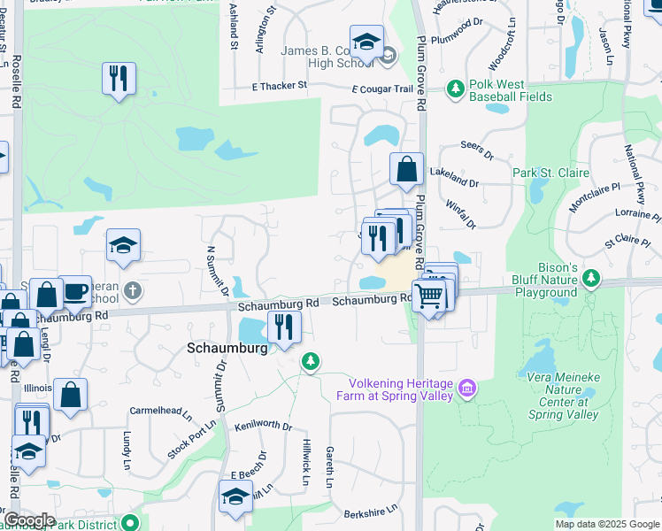 map of restaurants, bars, coffee shops, grocery stores, and more near 601 Eastview Court in Schaumburg