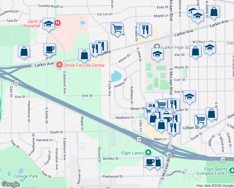 map of restaurants, bars, coffee shops, grocery stores, and more near 216 Pauline Drive in Elgin