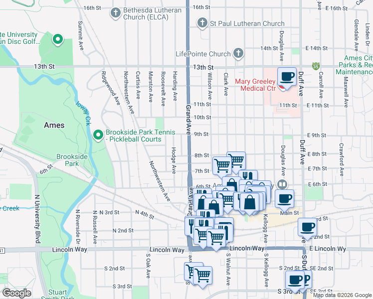 map of restaurants, bars, coffee shops, grocery stores, and more near 724 Hodge Avenue in Ames