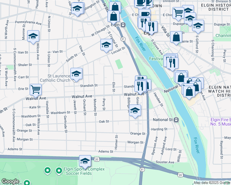map of restaurants, bars, coffee shops, grocery stores, and more near 370 Walnut Avenue in Elgin