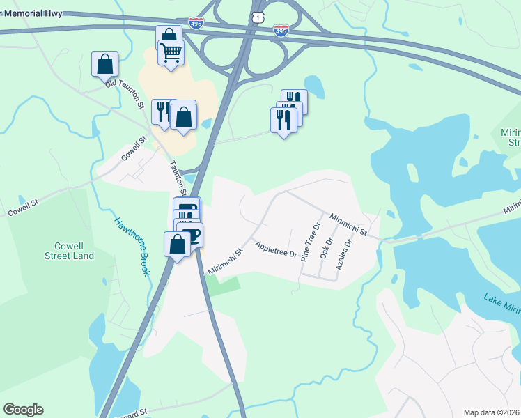 map of restaurants, bars, coffee shops, grocery stores, and more near 11 Mirimichi Street in Plainville