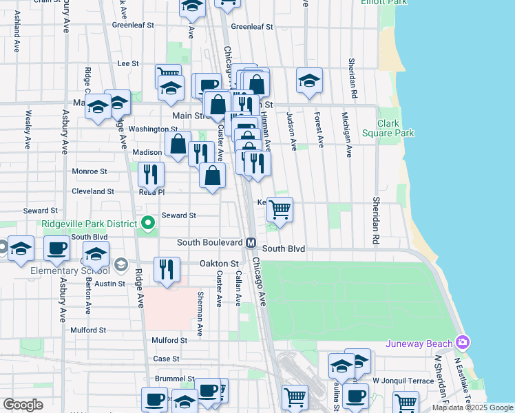 map of restaurants, bars, coffee shops, grocery stores, and more near 527D Chicago Avenue in Evanston
