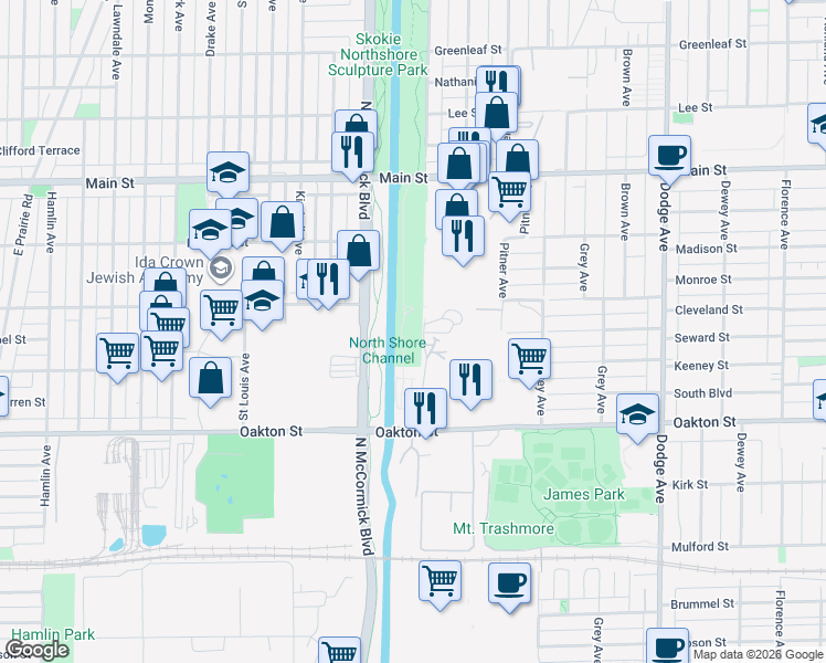 map of restaurants, bars, coffee shops, grocery stores, and more near 3219 Main Street in Skokie