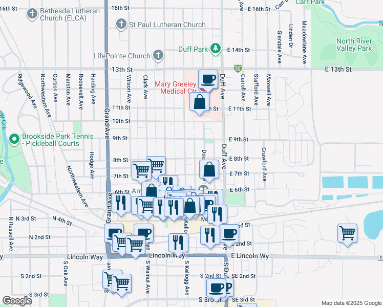 map of restaurants, bars, coffee shops, grocery stores, and more near 804 Kellogg Avenue in Ames