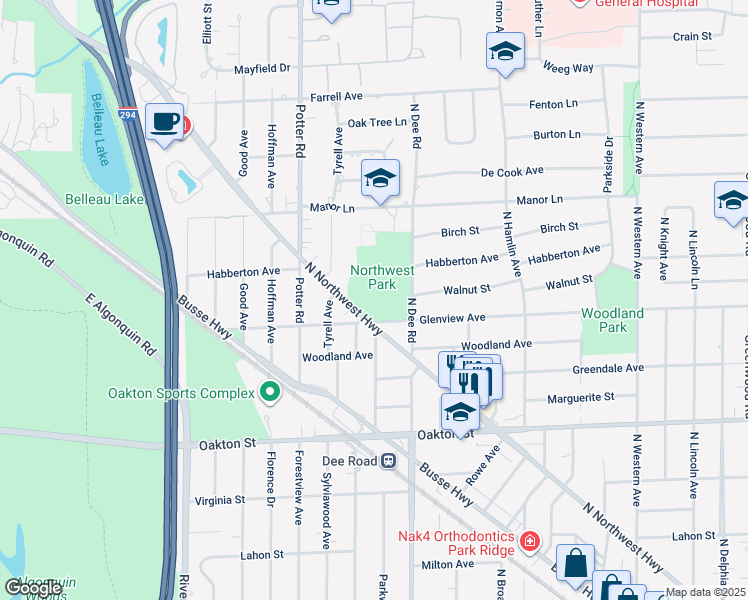 map of restaurants, bars, coffee shops, grocery stores, and more near 1200 North Dee Road in Park Ridge