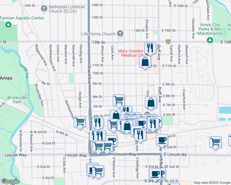 map of restaurants, bars, coffee shops, grocery stores, and more near 416 9th Street in Ames