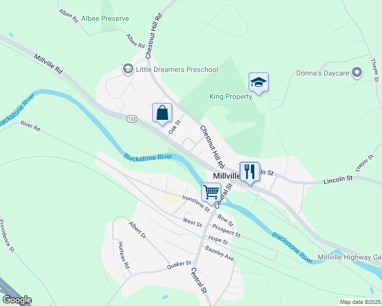 map of restaurants, bars, coffee shops, grocery stores, and more near 258 Main Street in Millville