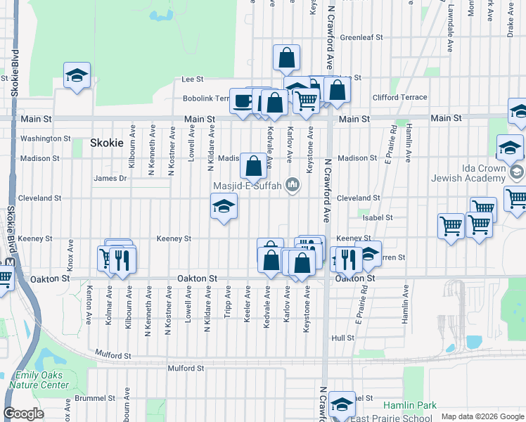 map of restaurants, bars, coffee shops, grocery stores, and more near 4142 Cleveland Street in Skokie