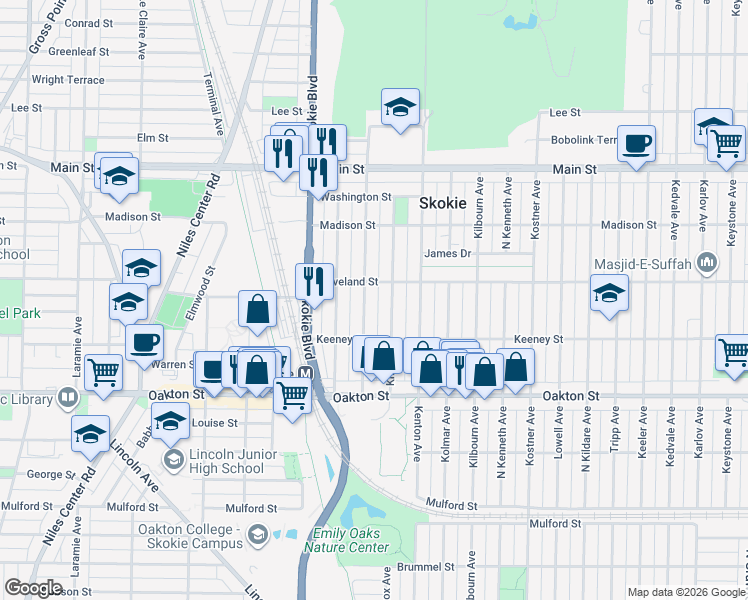 map of restaurants, bars, coffee shops, grocery stores, and more near 8200 Knox Avenue in Skokie