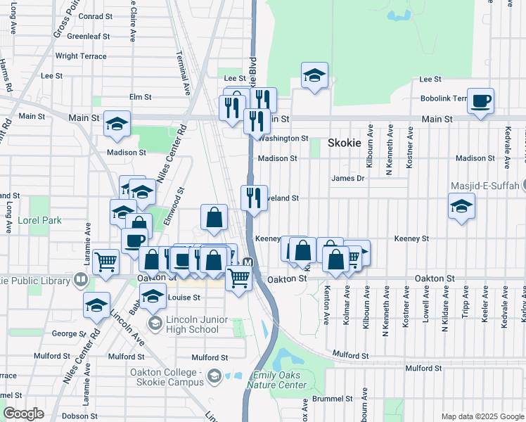 map of restaurants, bars, coffee shops, grocery stores, and more near 8207 Skokie Boulevard in Skokie