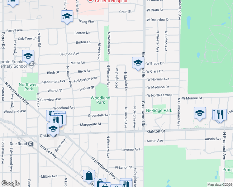 map of restaurants, bars, coffee shops, grocery stores, and more near 8242 North Knight Avenue in Niles