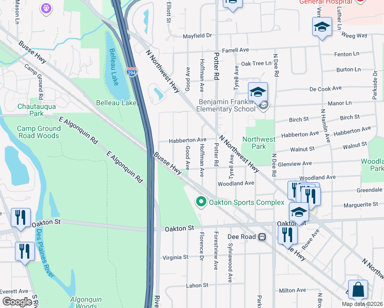 map of restaurants, bars, coffee shops, grocery stores, and more near 1240 Good Avenue in Park Ridge