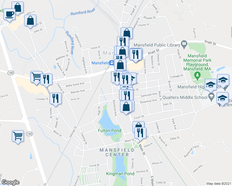map of restaurants, bars, coffee shops, grocery stores, and more near 21 West Church Street in Mansfield