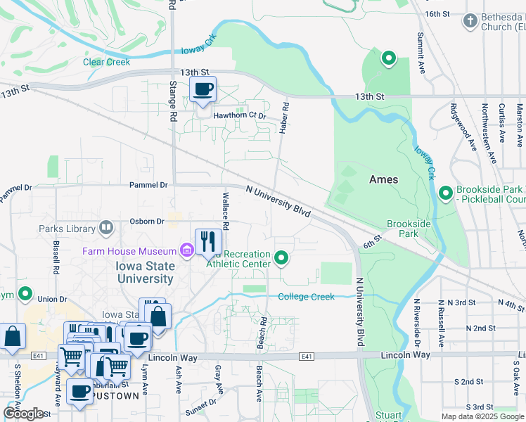 map of restaurants, bars, coffee shops, grocery stores, and more near 701 Haber Road in Ames
