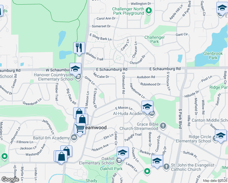 map of restaurants, bars, coffee shops, grocery stores, and more near 113 East Chestnut Drive in Streamwood