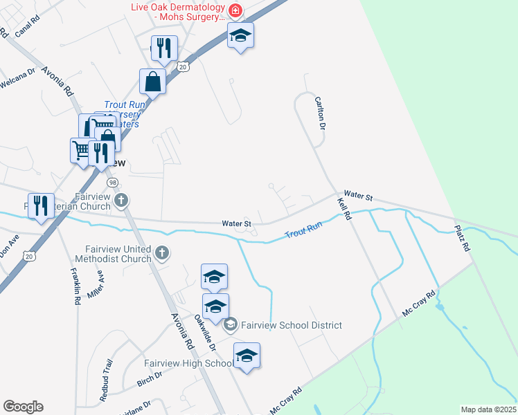 map of restaurants, bars, coffee shops, grocery stores, and more near 7374 Water Street in Fairview