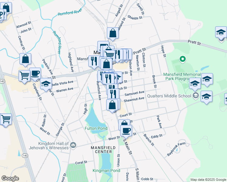 map of restaurants, bars, coffee shops, grocery stores, and more near 15 Church Street in Mansfield