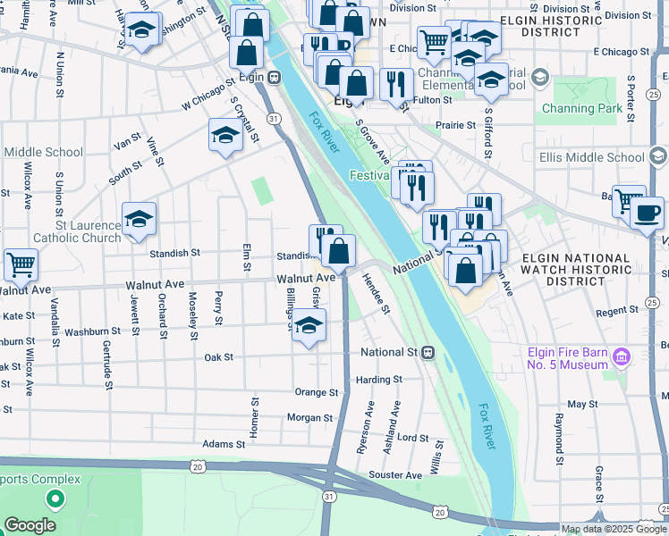 map of restaurants, bars, coffee shops, grocery stores, and more near 230 South State Street in Elgin