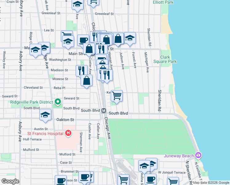 map of restaurants, bars, coffee shops, grocery stores, and more near Keeney Street & Hinman Avenue in Evanston