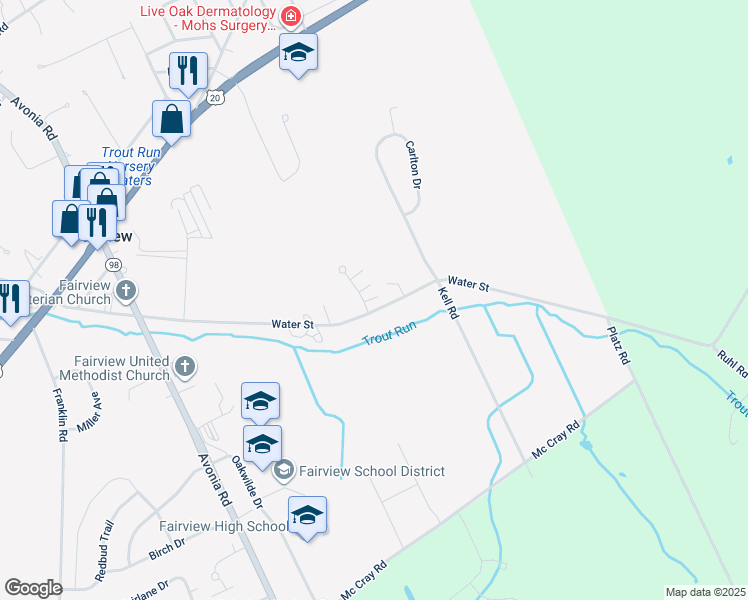 map of restaurants, bars, coffee shops, grocery stores, and more near 7366 Water Street in Fairview