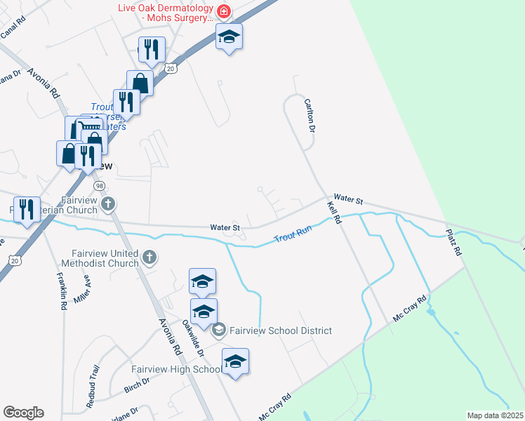 map of restaurants, bars, coffee shops, grocery stores, and more near 7374 Water St in Fairview