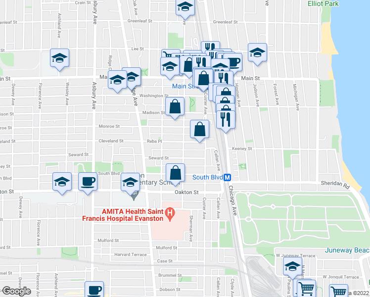 map of restaurants, bars, coffee shops, grocery stores, and more near in Evanston