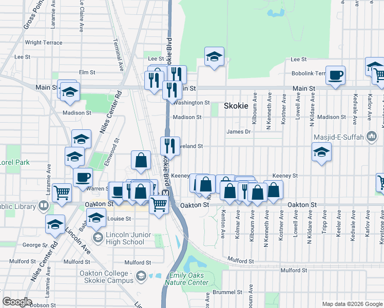 map of restaurants, bars, coffee shops, grocery stores, and more near 8200 Kilpatrick Avenue in Skokie