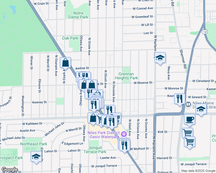 map of restaurants, bars, coffee shops, grocery stores, and more near 8206 North Osceola Avenue in Niles