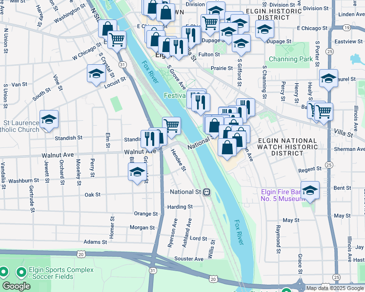 map of restaurants, bars, coffee shops, grocery stores, and more near 44 National Street in Elgin