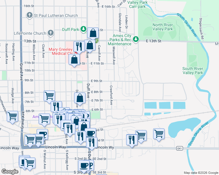 map of restaurants, bars, coffee shops, grocery stores, and more near 825 Crawford Avenue in Ames