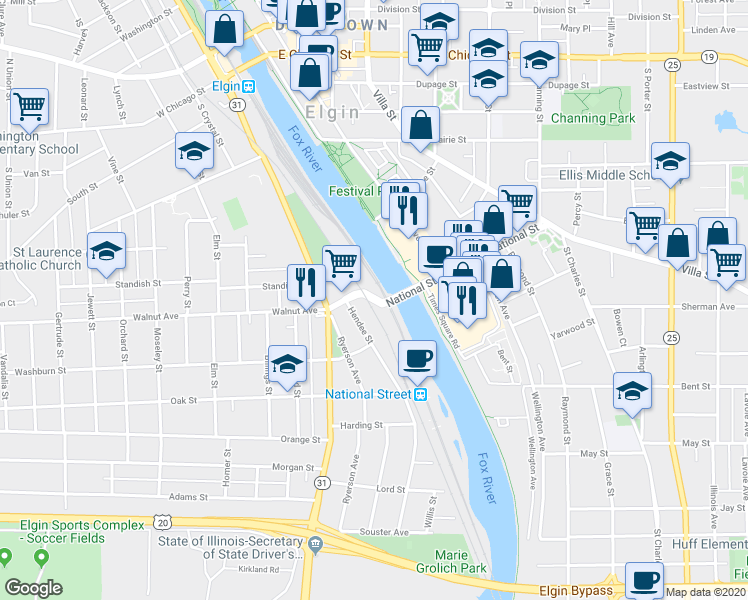 map of restaurants, bars, coffee shops, grocery stores, and more near 43 National Street in Elgin