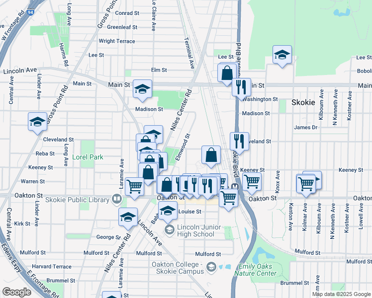 map of restaurants, bars, coffee shops, grocery stores, and more near 4970 Searle Parkway in Skokie