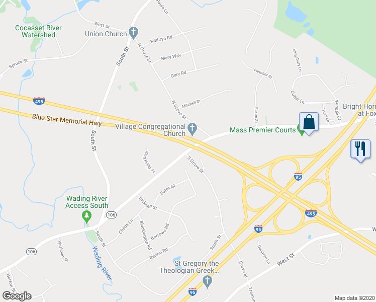 map of restaurants, bars, coffee shops, grocery stores, and more near 49 Green Street in Foxboro