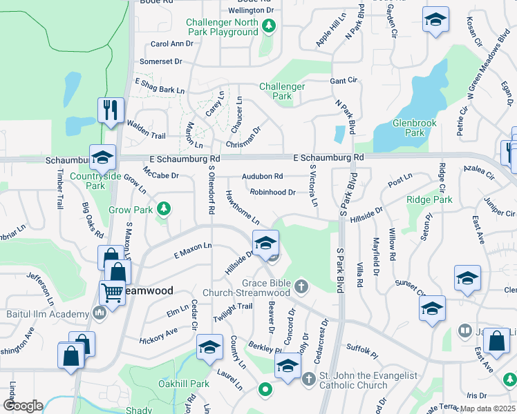 map of restaurants, bars, coffee shops, grocery stores, and more near 409 Robinhood Drive in Streamwood