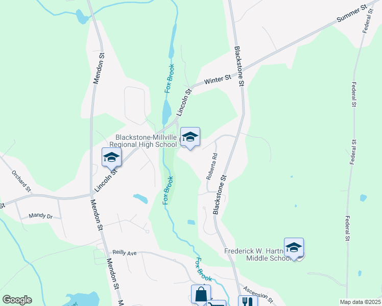 map of restaurants, bars, coffee shops, grocery stores, and more near 175 Lincoln Street in Blackstone