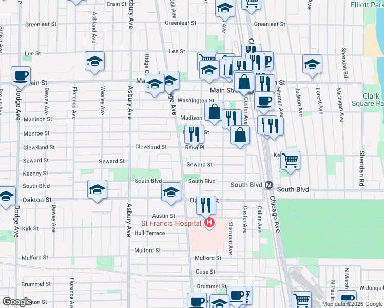 map of restaurants, bars, coffee shops, grocery stores, and more near 631 Ridge Avenue in Evanston
