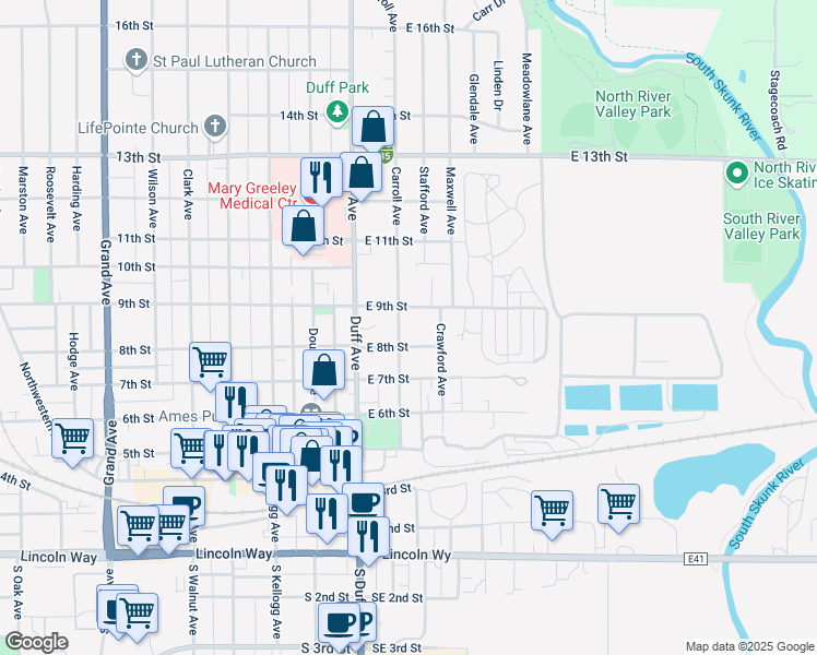 map of restaurants, bars, coffee shops, grocery stores, and more near 816 Carroll Avenue in Ames