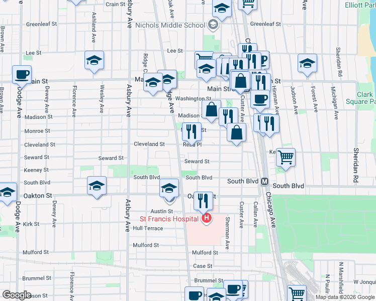 map of restaurants, bars, coffee shops, grocery stores, and more near 631 Ridge Avenue in Evanston