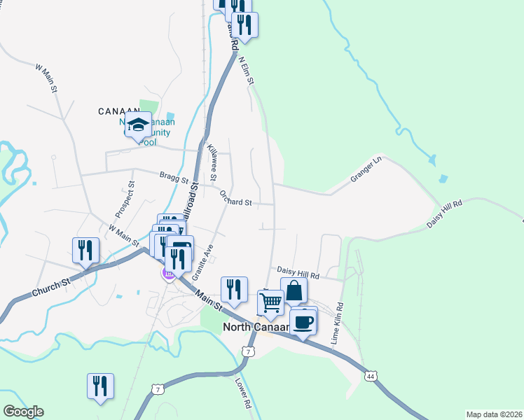 map of restaurants, bars, coffee shops, grocery stores, and more near 65 Orchard Street in Canaan