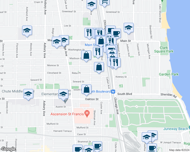 map of restaurants, bars, coffee shops, grocery stores, and more near 707 Reba Place in Evanston