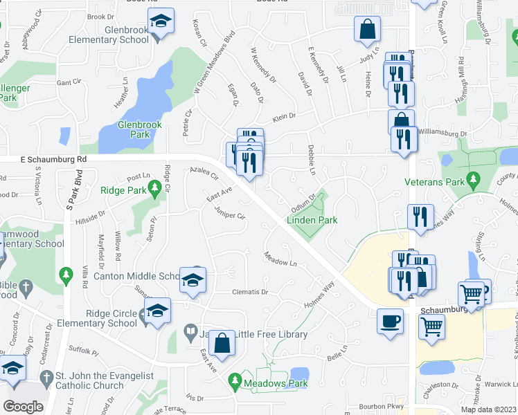 map of restaurants, bars, coffee shops, grocery stores, and more near 290 Sheffield Drive in Schaumburg