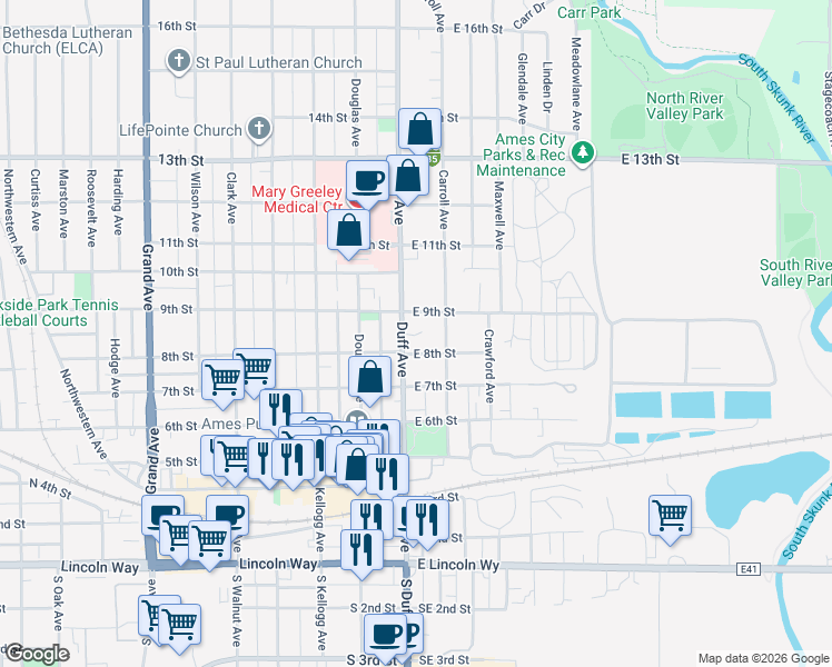 map of restaurants, bars, coffee shops, grocery stores, and more near in Ames