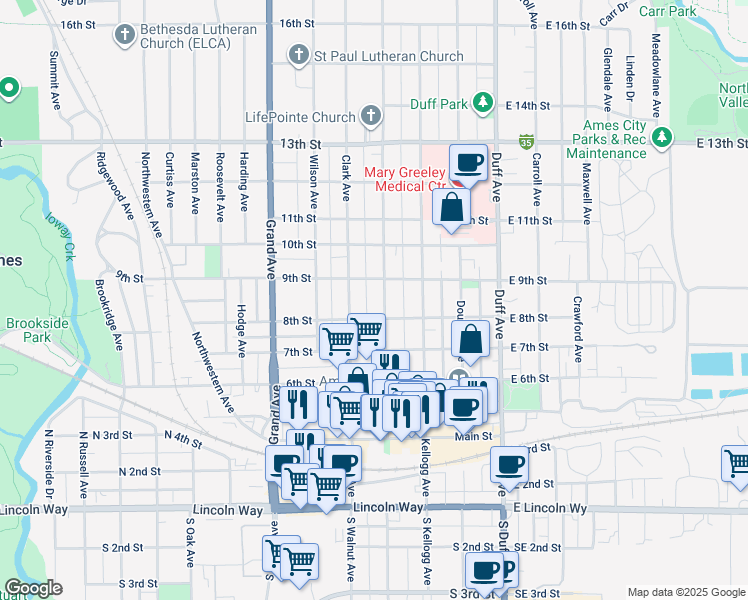 map of restaurants, bars, coffee shops, grocery stores, and more near 416 9th Street in Ames