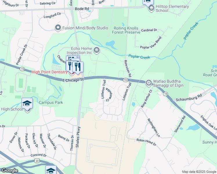 map of restaurants, bars, coffee shops, grocery stores, and more near 1478 Keystone Court in Elgin