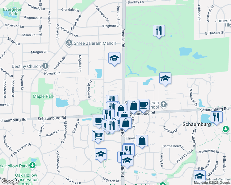 map of restaurants, bars, coffee shops, grocery stores, and more near 39 Birchdale Drive in Schaumburg